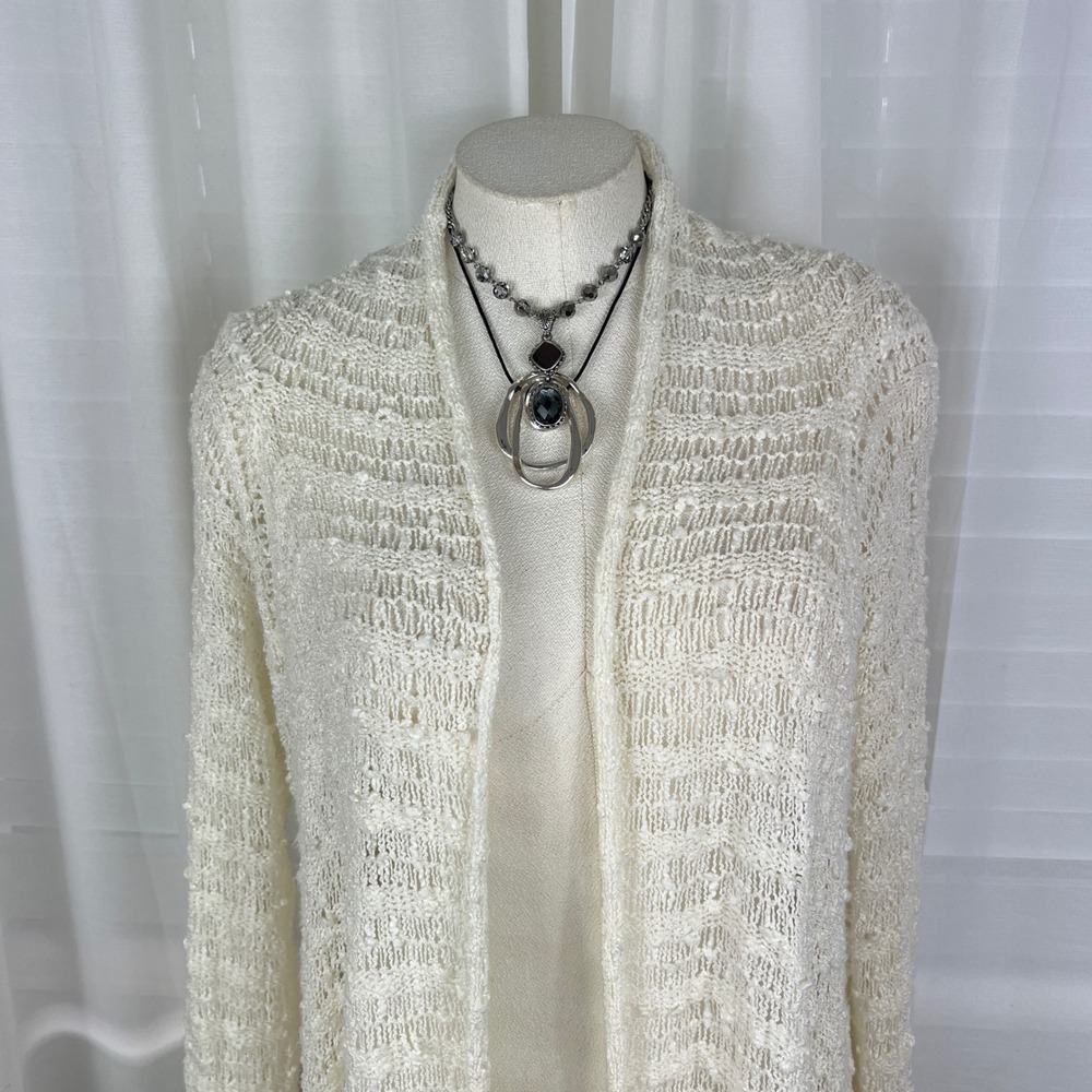 Boho Crochet Open Knit Fringe Duster Cardigan Ivory Cotton Blend M/L Festival - Picture 2 of 10